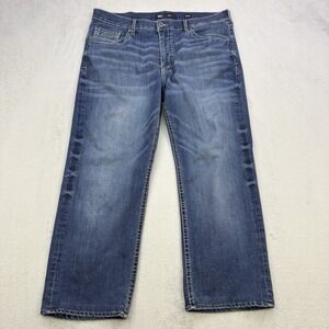 BKE Jeans Mens 38x28 Blue Denim Seth Faded Whisker Buckle Stretch Distressed Zip